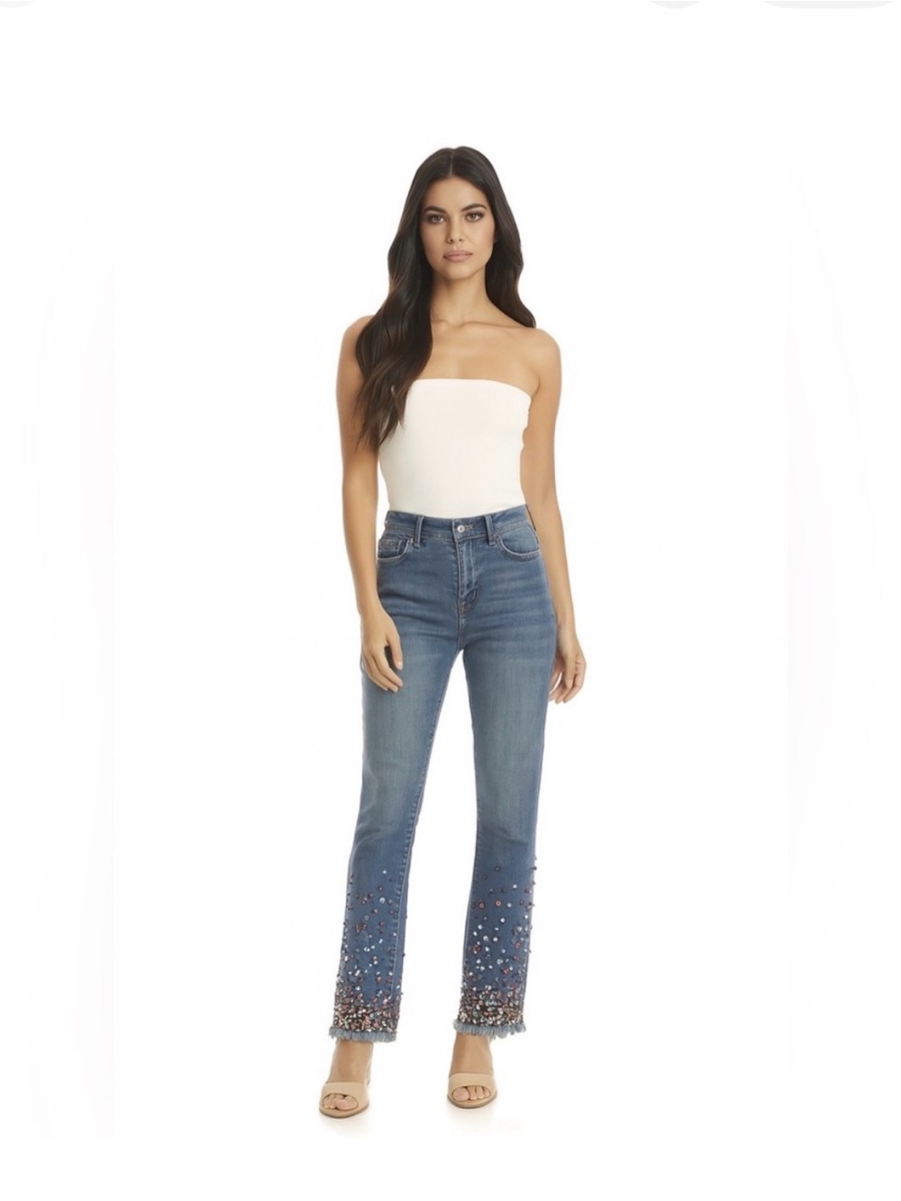 Anthropologie Embellished Hem Cropped Jeans - Light Blue